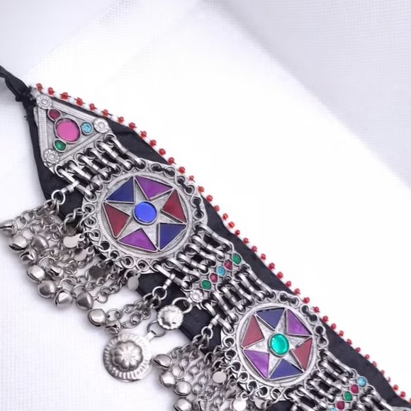 Tribal Necklace, Afghan Necklace, Boho Silver Choker Necklace - Picture 4 of 5